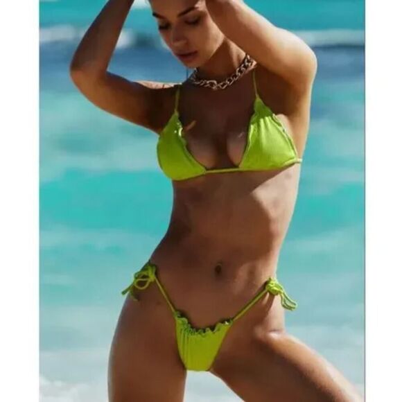 New! Set! It's Now Cool The Frill Tri Eco Neon Lime Rib Bikini, Size L